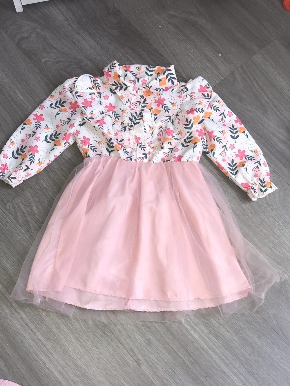 Girls Floral Bodice Pink Tulle Skirt Dress